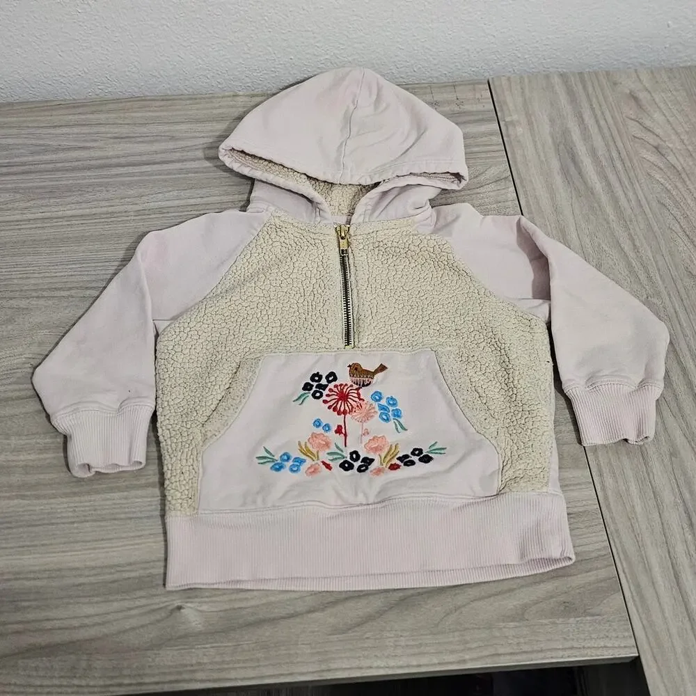 Hanna Andersson Pink Half Zip Hoodie Pullover Fleece Bird Embroidered Girls 3